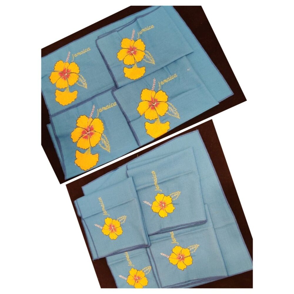 Jamaica Themed Blue Yellow Hibiscus Napkin & Placemats 4 of Each Matching Set